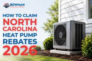 Image of a heat pump with header text that says "How to Claim North Carolina Heat Pump Rebates 2026" with the logo for Bowman Heating, Cooling, & Plumbing.