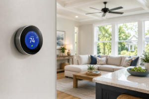 Smart thermostat in Raleigh home, energy-saving cooling tips for Bowman Heating & Cooling customers.